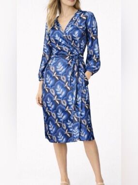 J. McLaughlin Seville Silk Blend Wrap Midi Dress Blue Botanical Floral Size S